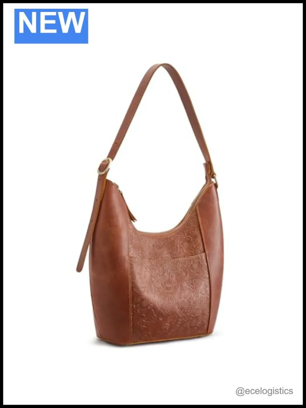 Genuine Leather Hobo Handbag with Rose Carved Pattern Adjustable Shoulder Strap